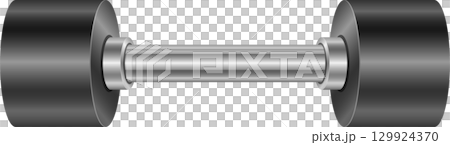 A metal dumbbell with black weights is centered. The background is plain. Fitness accessory. A metal dumbbell with black weights is centered. The background is plain. Fitness accessory. 129924370