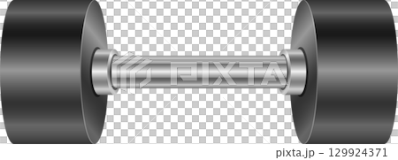 Dumbbell with weights at each end and a handle in the center. Lifting weights for exercise. 129924371