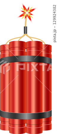 Illustration of dynamite sticks bundled together with a burning fuse against a black background. Illustration of dynamite sticks bundled together with a burning fuse against a black background. 129924382