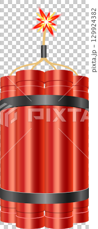 Illustration of dynamite sticks bundled together with a burning fuse against a black background. 129924382