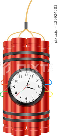 A red dynamite bundle with a clock attached, fuse at the top, signifying a time bomb concept. 129924383