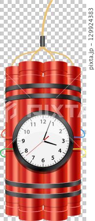 A red dynamite bundle with a clock attached, fuse at the top, signifying a time bomb concept. 129924383