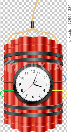 A bundle of red cylindrical explosives is bound together with a clock attached to the middle. 129924384