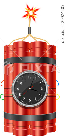 A digital illustration of dynamite bundles with a clock and a lit fuse on a black background. 129924385