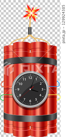 A digital illustration of dynamite bundles with a clock and a lit fuse on a black background. 129924385