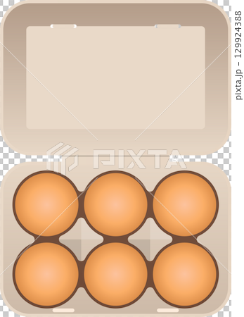 An open cardboard container contains six brown eggs. The container is light brown. 129924388