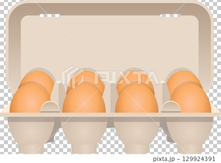 Eight brown eggs arranged neatly in a beige carton, ready for cooking or baking in the kitchen. 129924391