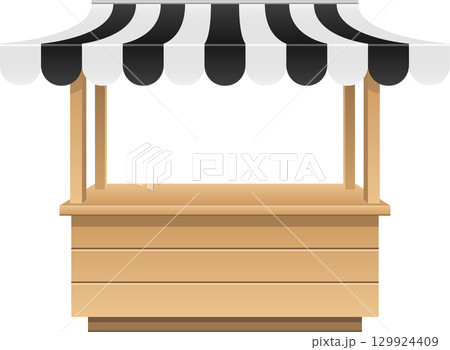 Illustration of an empty market stall or kiosk with black and white striped awning on a black background. 129924409