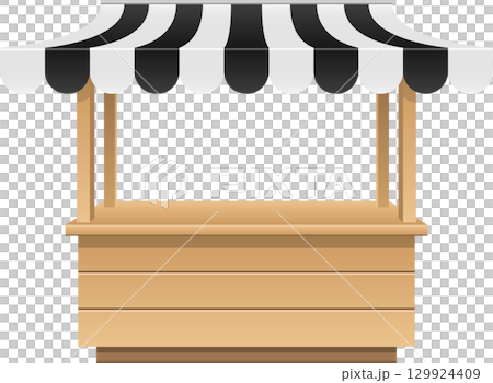 Illustration of an empty market stall or kiosk with black and white striped awning on a black background. 129924409