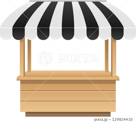 A wooden vendor's stand with a striped awning overhead creates a welcoming retail space. 129924410