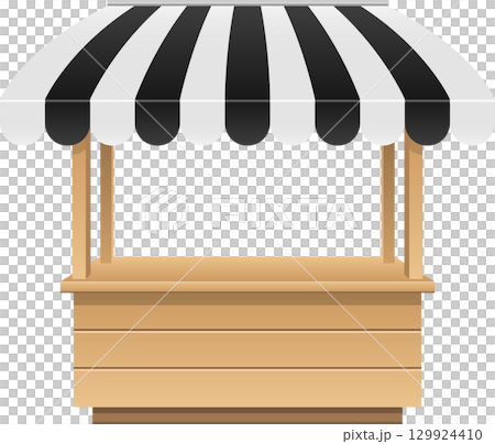 A wooden vendor's stand with a striped awning overhead creates a welcoming retail space. 129924410