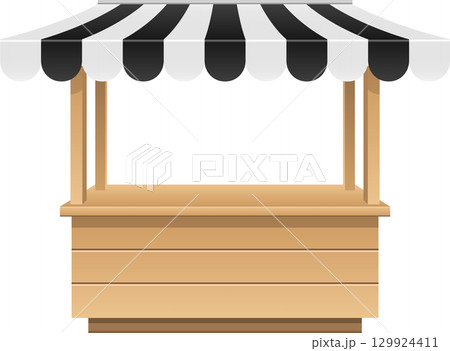 A market stall illustration with a striped awning, perfect for showcasing goods or products. 129924411