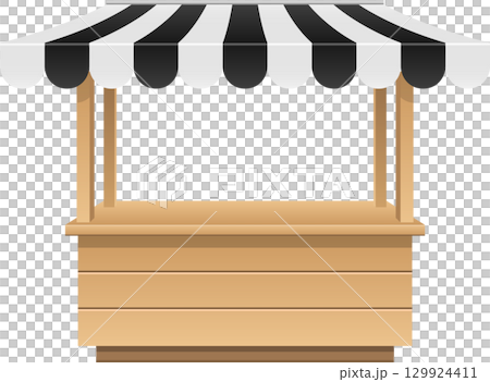 A market stall illustration with a striped awning, perfect for showcasing goods or products. 129924411