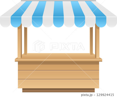 Cartoon wooden market stall with blue and white striped awning against a black background. 129924415