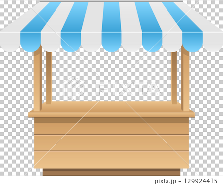 Cartoon wooden market stall with blue and white striped awning against a black background. 129924415