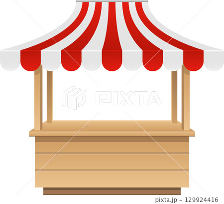 Illustration of a wooden market stall with a red and white striped awning against a black background. Illustration of a wooden market stall with a red and white striped awning against a black background. 129924416