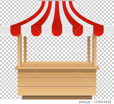 Illustration of a wooden market stall with a red and white striped awning against a black background. 129924416