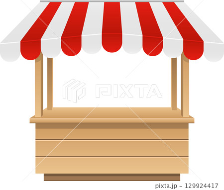 Isolated market stall with a striped red and white canopy and wooden counter and support beams. Isolated market stall with a striped red and white canopy and wooden counter and support beams. 129924417