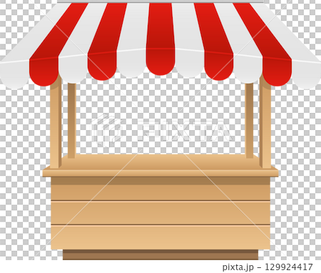 Isolated market stall with a striped red and white canopy and wooden counter and support beams. Isolated market stall with a striped red and white canopy and wooden counter and support beams. 129924417