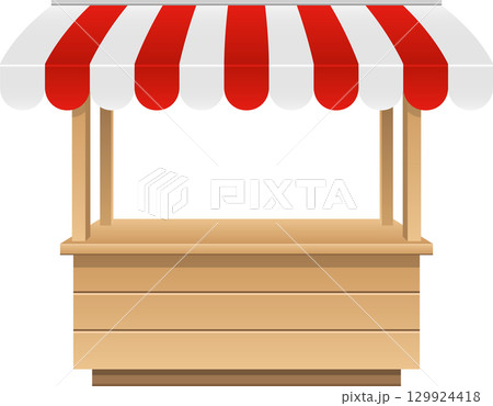 Illustration of a wooden market stall with a red and white striped canopy against black background. 129924418