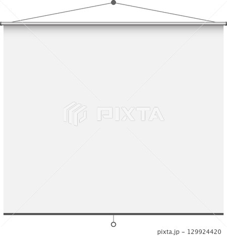 A clean white projection screen with a gray border hangs, poised for presentations or entertainment. 129924420