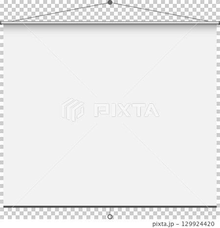 A clean white projection screen with a gray border hangs, poised for presentations or entertainment. 129924420