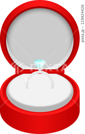 A sparkling diamond ring sits nestled in a bright red ring box, ready for a special occasion. 129924426