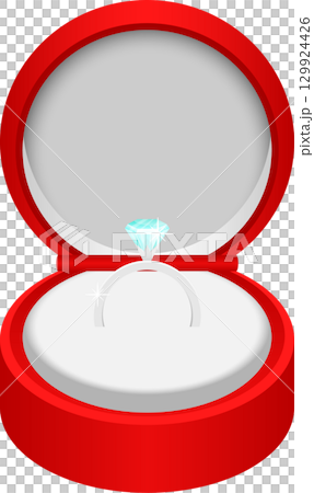 A sparkling diamond ring sits nestled in a bright red ring box, ready for a special occasion. 129924426