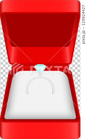 A red, open jewelry box showcases a diamond ring, hinting at love, commitment, and celebration. 129924427