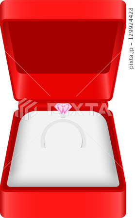 A pink gemstone ring stands upright, displayed inside an open, glossy red ring box. 129924428