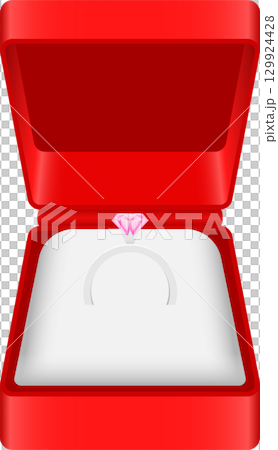A pink gemstone ring stands upright, displayed inside an open, glossy red ring box. 129924428