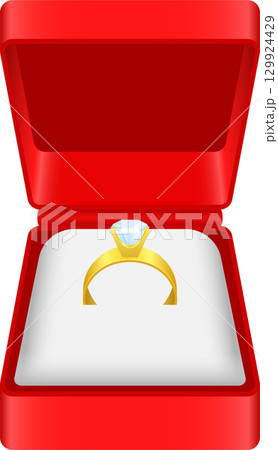 A shiny golden ring, centered in a bright red box, is lit by a diamond; perfect for love 129924429
