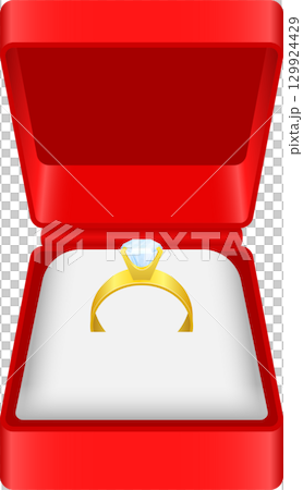 A shiny golden ring, centered in a bright red box, is lit by a diamond; perfect for love 129924429