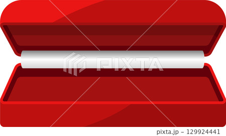 A red box is open, revealing a white rolled document or object inside, ready for presentation. A red box is open, revealing a white rolled document or object inside, ready for presentation. 129924441