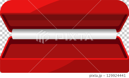 A red box is open, revealing a white rolled document or object inside, ready for presentation. A red box is open, revealing a white rolled document or object inside, ready for presentation. 129924441