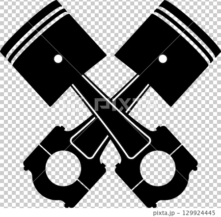 Minimalist design featuring two crossed, white outlined objects, and two dots on a black background. 129924445