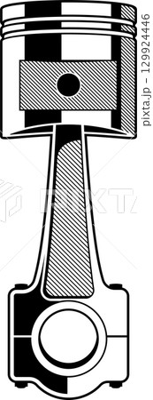 Monochrome engine piston and connecting rod rendered with geometric shapes and lines in black and white. Monochrome engine piston and connecting rod rendered with geometric shapes and lines in black and white. 129924446