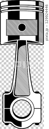 Monochrome engine piston and connecting rod rendered with geometric shapes and lines in black and white. Monochrome engine piston and connecting rod rendered with geometric shapes and lines in black and white. 129924446
