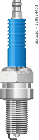 Detailed spark plug with blue insulator and silver threads on a black background; close-up. 129924453