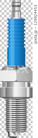 Detailed spark plug with blue insulator and silver threads on a black background; close-up. 129924453