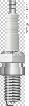 Close-up of a metallic spark plug with detailed threading and construction, isolated on black. 129924454