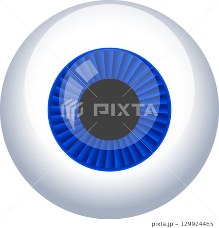 Anatomical illustration showcasing a stylized human eyeball with a vibrant blue iris and dark pupil. 129924465