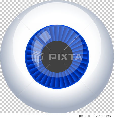 Anatomical illustration showcasing a stylized human eyeball with a vibrant blue iris and dark pupil. 129924465
