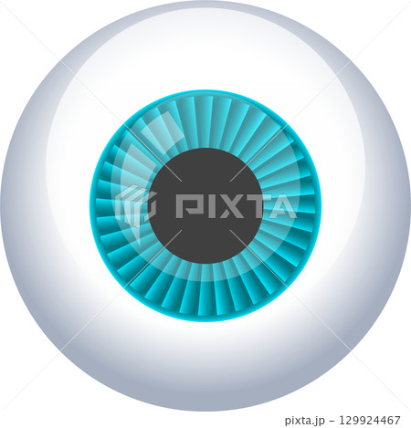 Illustration of a blue iris with a dark pupil set in a shiny white eyeball graphic. 129924467