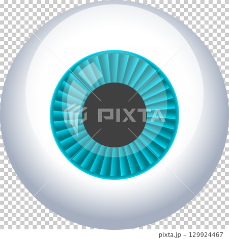 Illustration of a blue iris with a dark pupil set in a shiny white eyeball graphic. 129924467