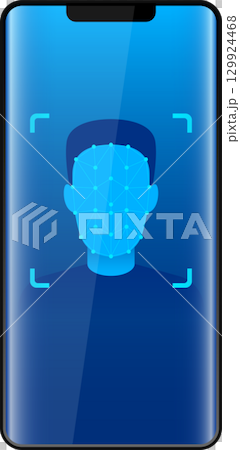 Smartphone implementing facial recognition to grant access, digital security and technology. 129924468