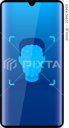 Face recognition scan being displayed on a generic smartphone device against a gradient background. 129924469