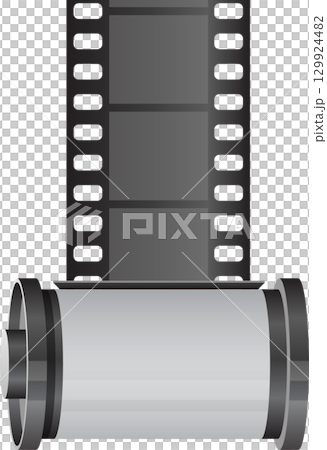 A film reel with gray film roll and dark grey film strip isolated on a black background. A film reel with gray film roll and dark grey film strip isolated on a black background. 129924482