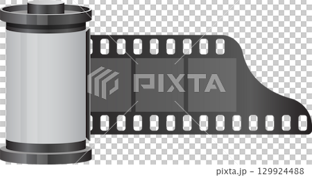 Film roll with exposed film frames, reminiscent of vintage photography and analog cameras. 129924488