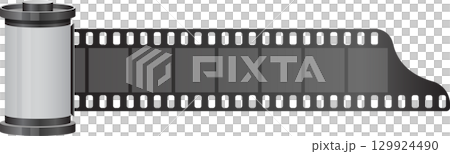 Roll of film with several blank gray frames enclosed by a perforated black border Roll of film with several blank gray frames enclosed by a perforated black border 129924490